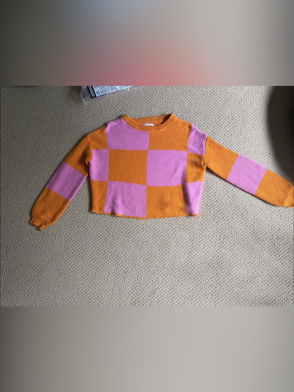 Jessica Simpson Pink and Orange Checkerboard Cropped Sweater